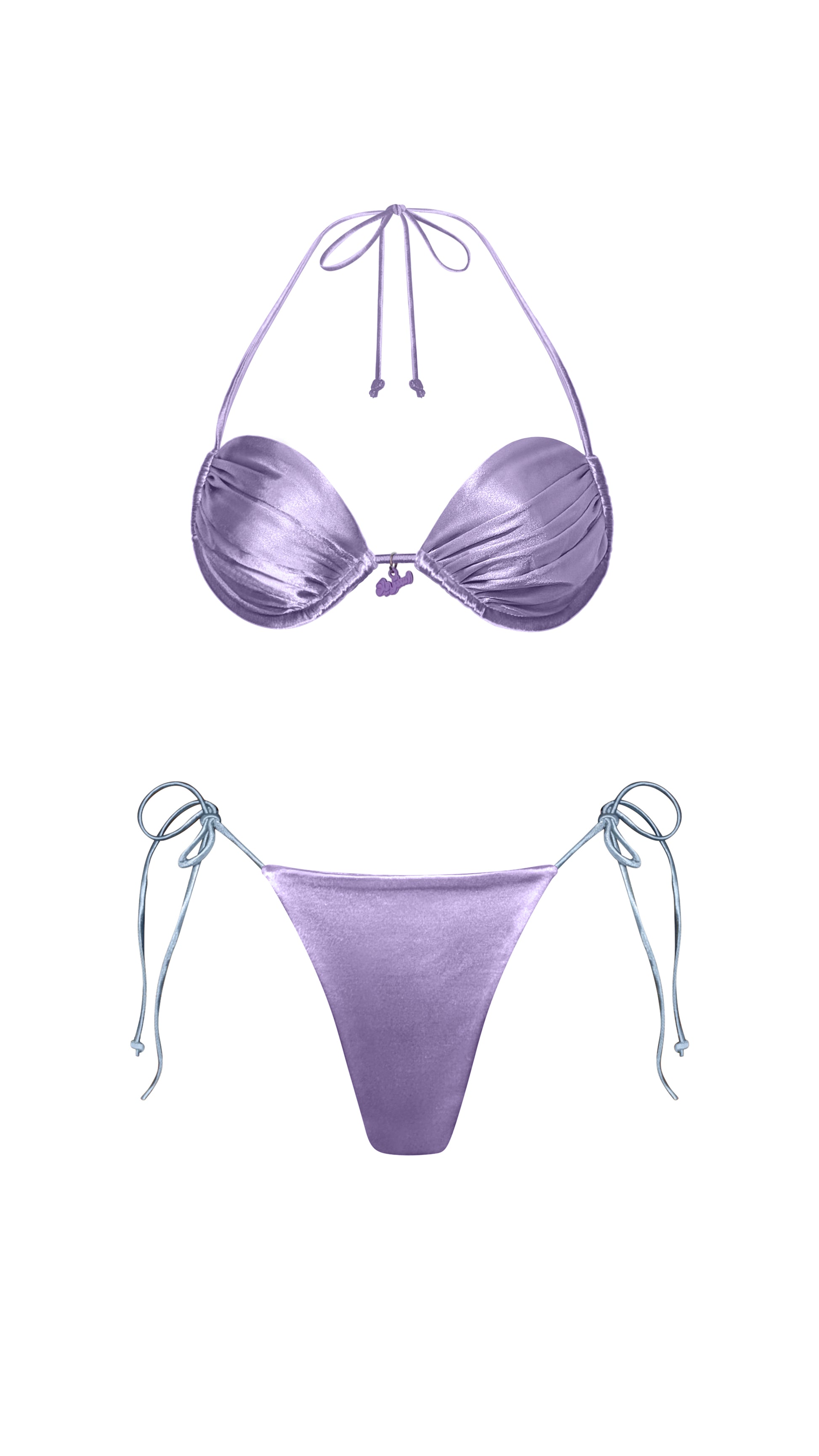 Estrella Swim Amira bikini set with cheeky bikini bottom in purple satin on ghost mannequin.
