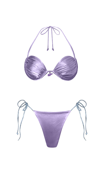 Estrella Swim Amira bikini set with cheeky bikini bottom in purple satin on ghost mannequin.