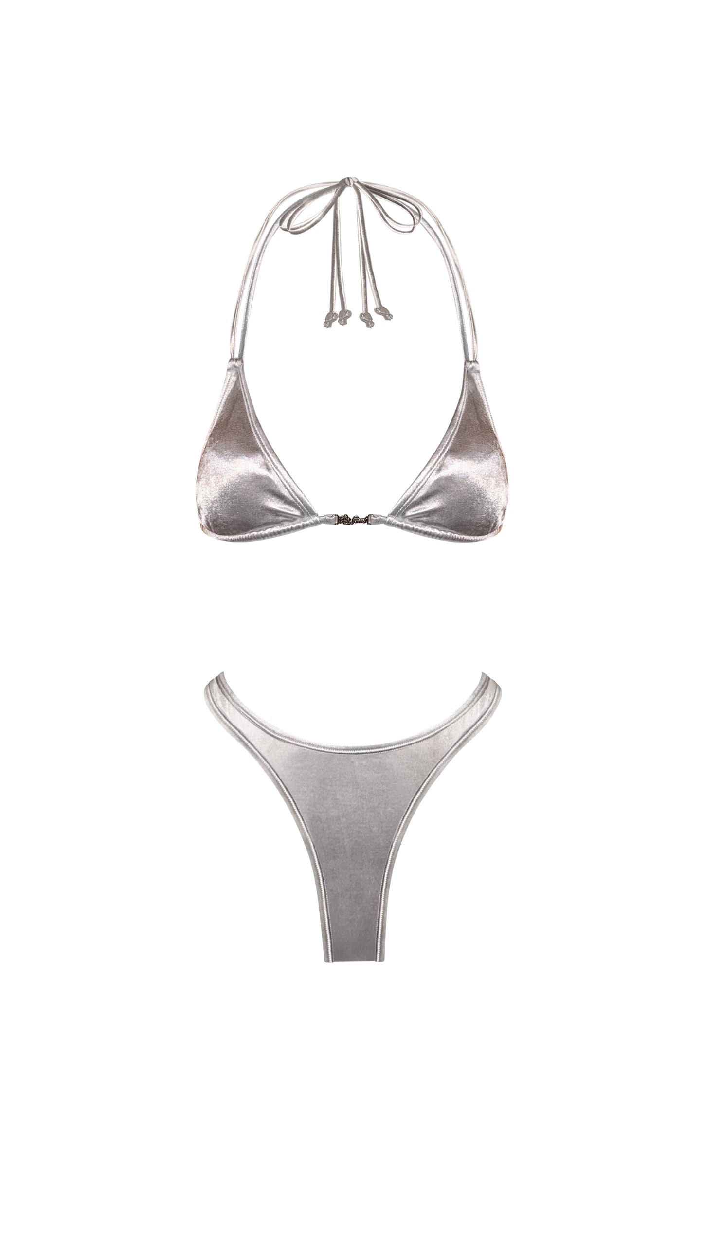 Estrella Swim Astra triangle bikini set in silver metallic satin on ghost mannequin, front view.