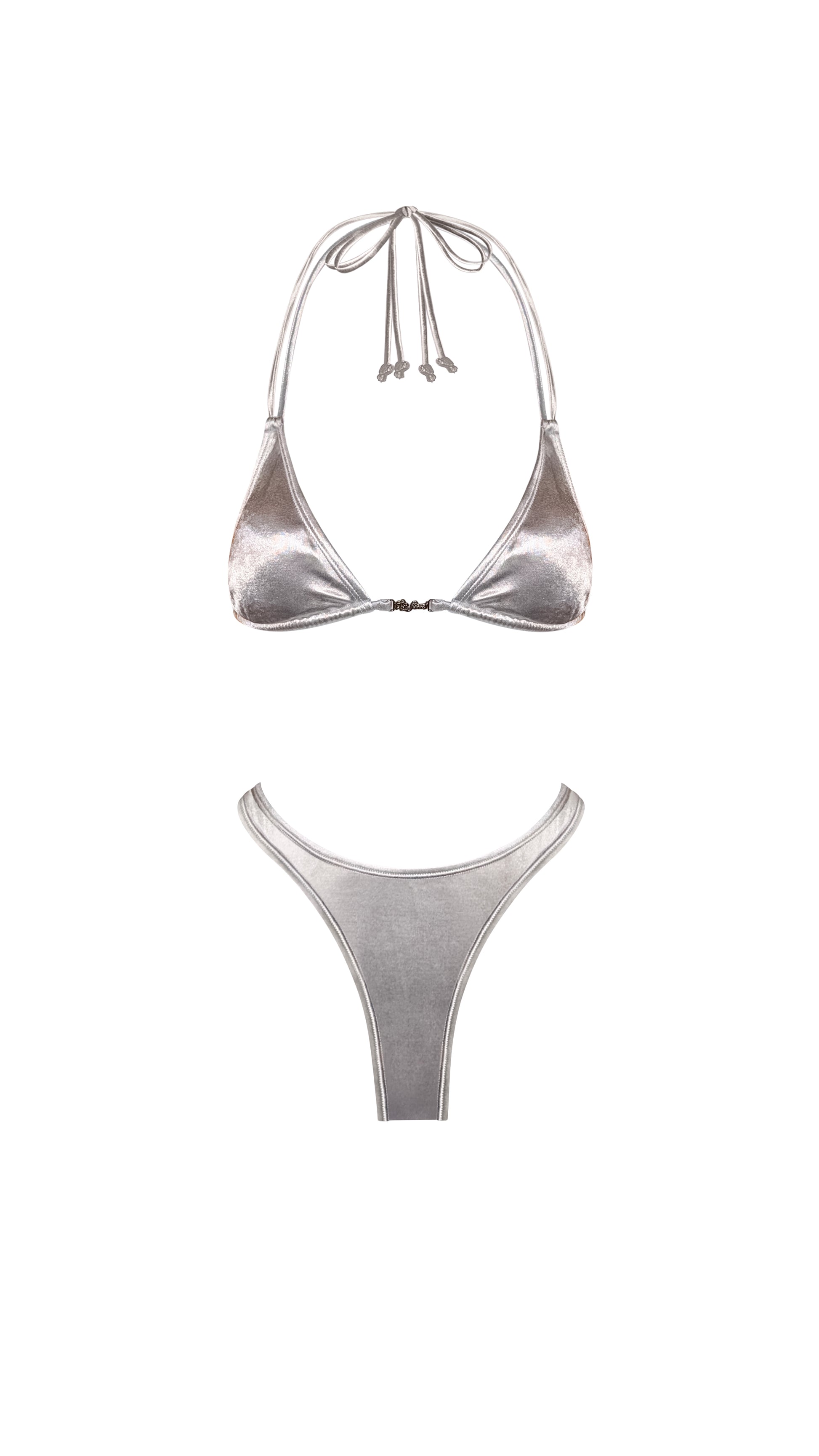 Estrella Swim Astra triangle bikini set in silver metallic satin on ghost mannequin, front view.