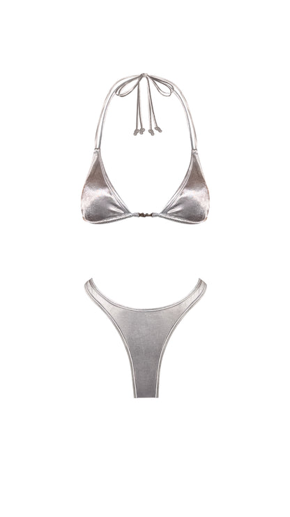 Estrella Swim Astra triangle bikini set in silver metallic satin on ghost mannequin, front view.