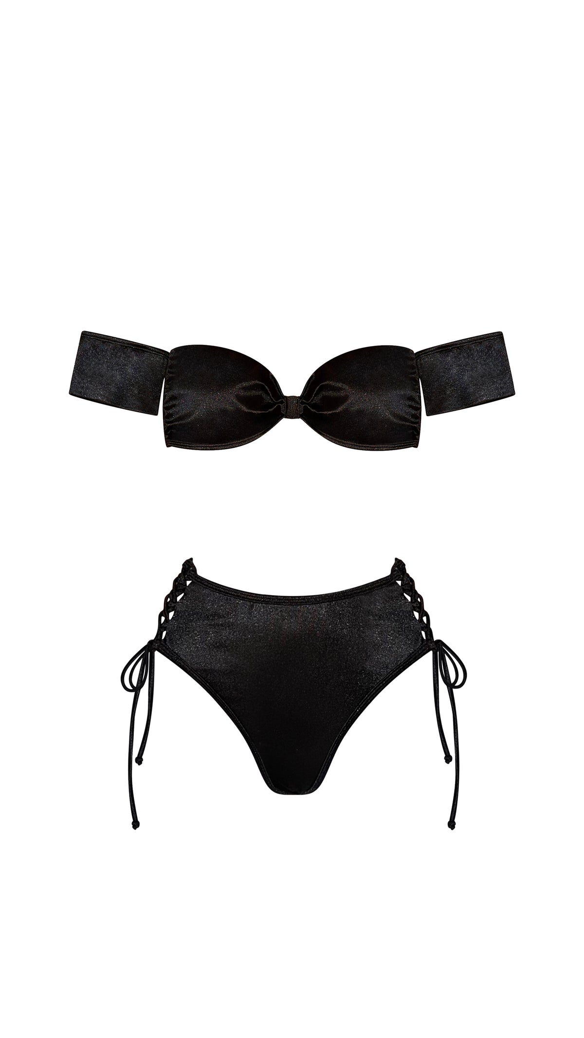 Estrella Swim Jasmine bikini set with black high-waisted bottom in black satin on ghost mannequin, front view.