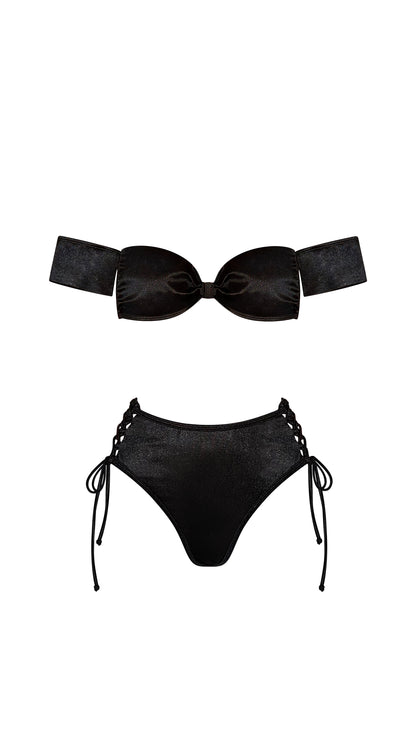 Estrella Swim Jasmine bikini set with black high-waisted bottom in black satin on ghost mannequin, front view.