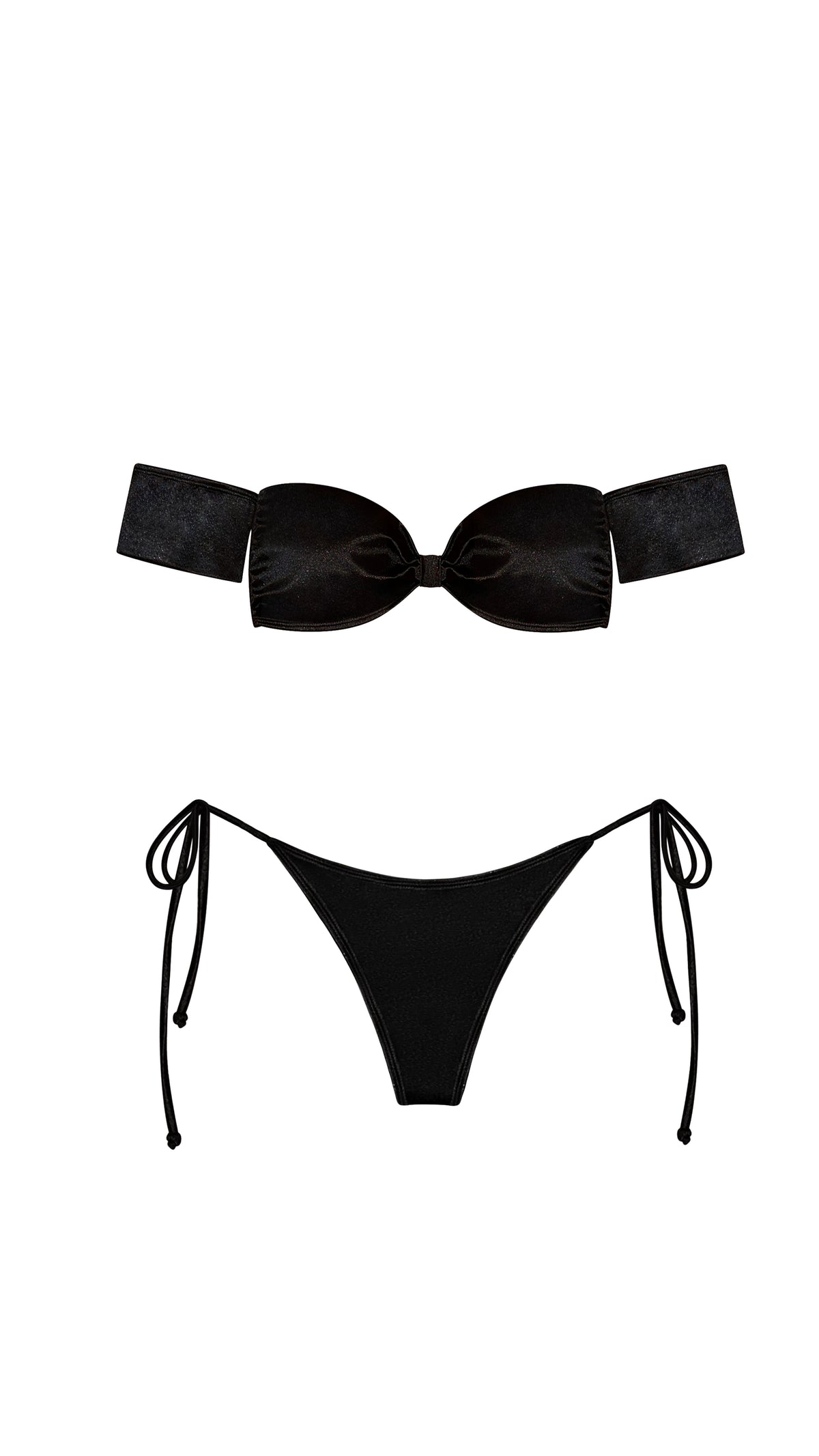 Estrella Swim Jasmine bikini set with black cheeky bottom in black satin on ghost mannequin, front view.