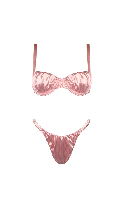 Estrella Swim Nena bikini set in baby pink satin on ghost mannequin, front view.