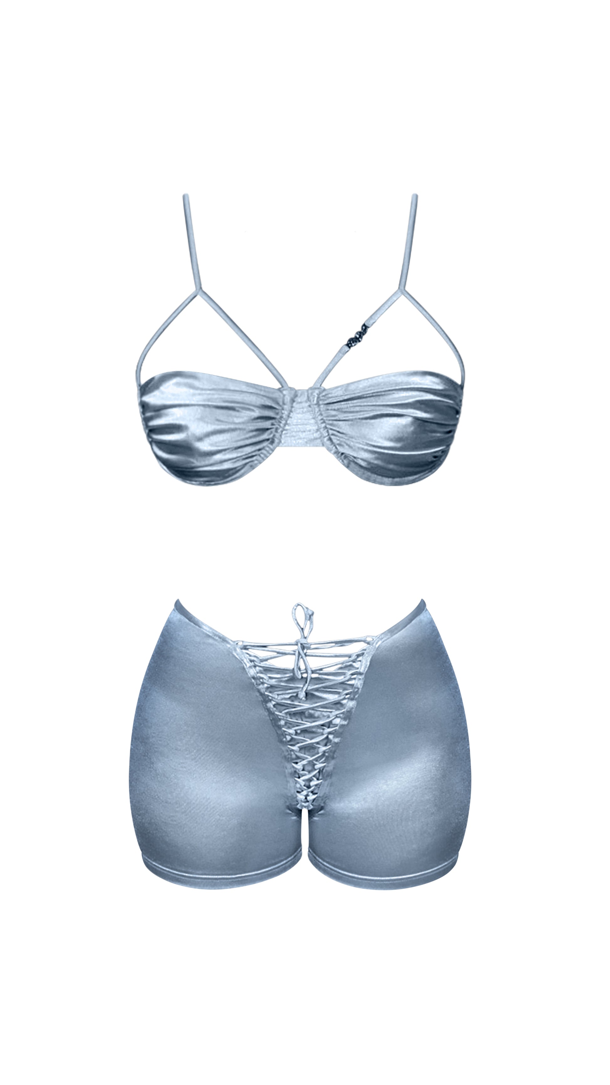 Estrella Swim Nepo bikini set with high-waisted shorts in baby blue satin on ghost mannequin.