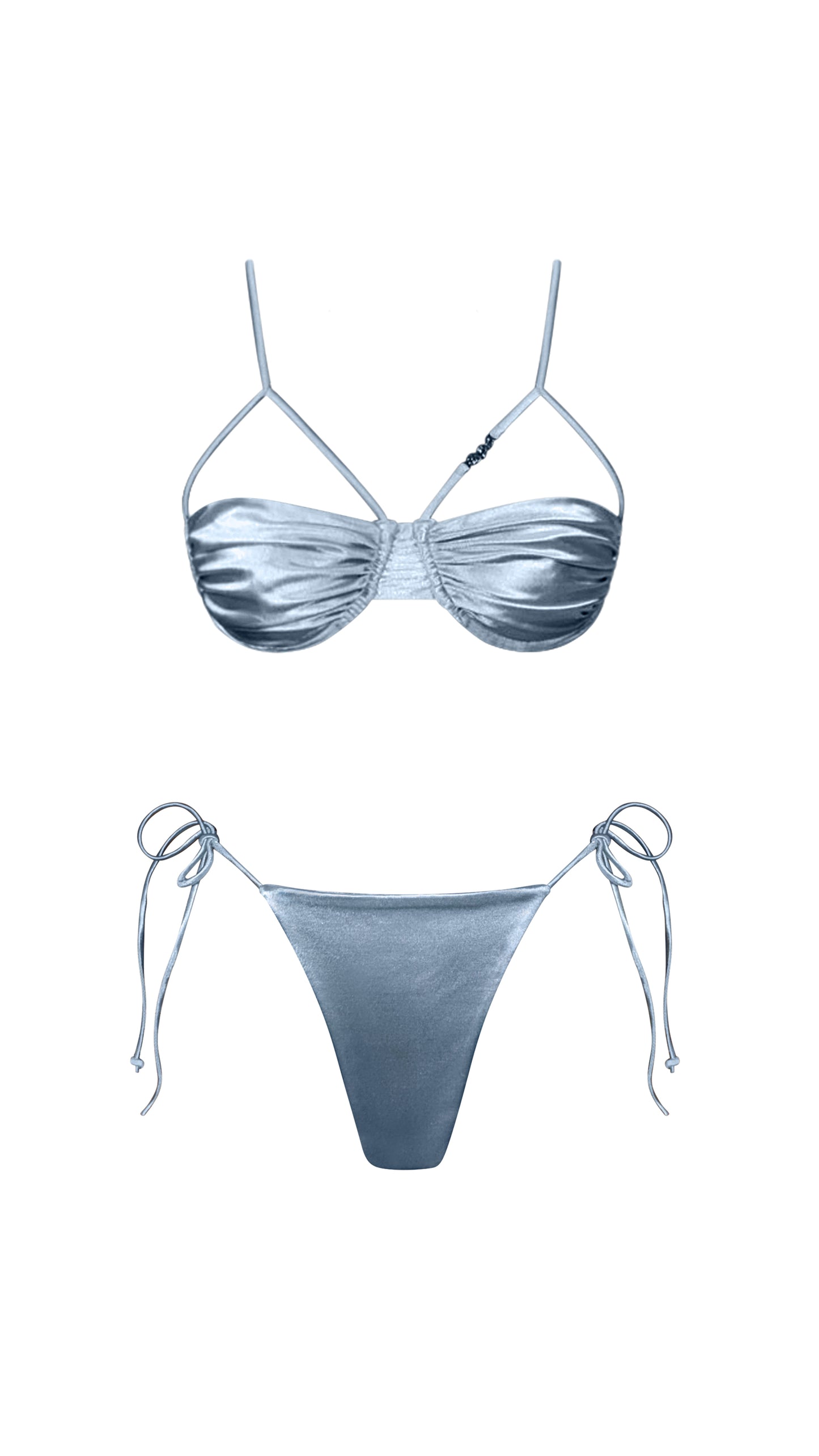 Estrella Swim Nepo bikini set in baby blue satin with cheekky bottom on ghost mannequin.
