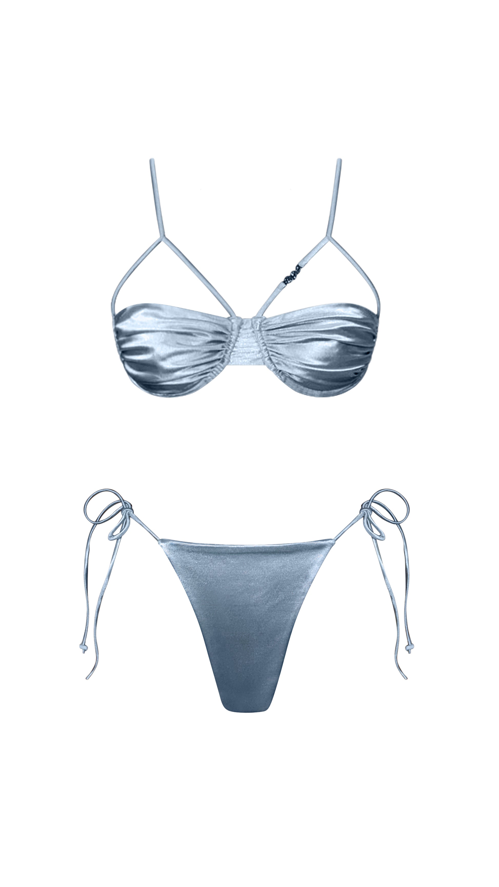 Estrella Swim Nepo bikini set in baby blue satin with cheekky bottom on ghost mannequin.