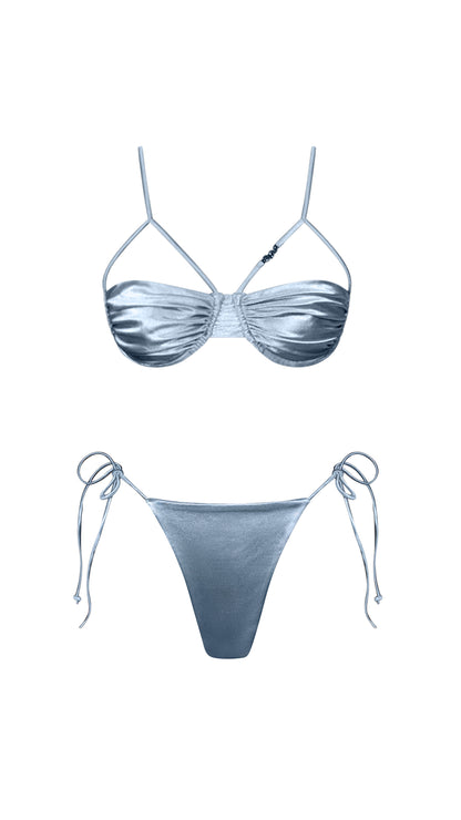 Estrella Swim Nepo bikini set in baby blue satin with cheekky bottom on ghost mannequin.