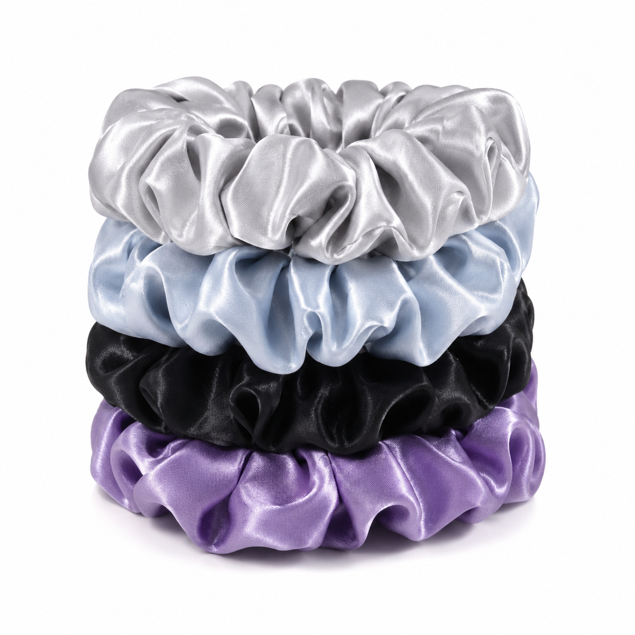 Estrella Swim luxury satin hair scrunchies in silver, baby blue, black, and purple.