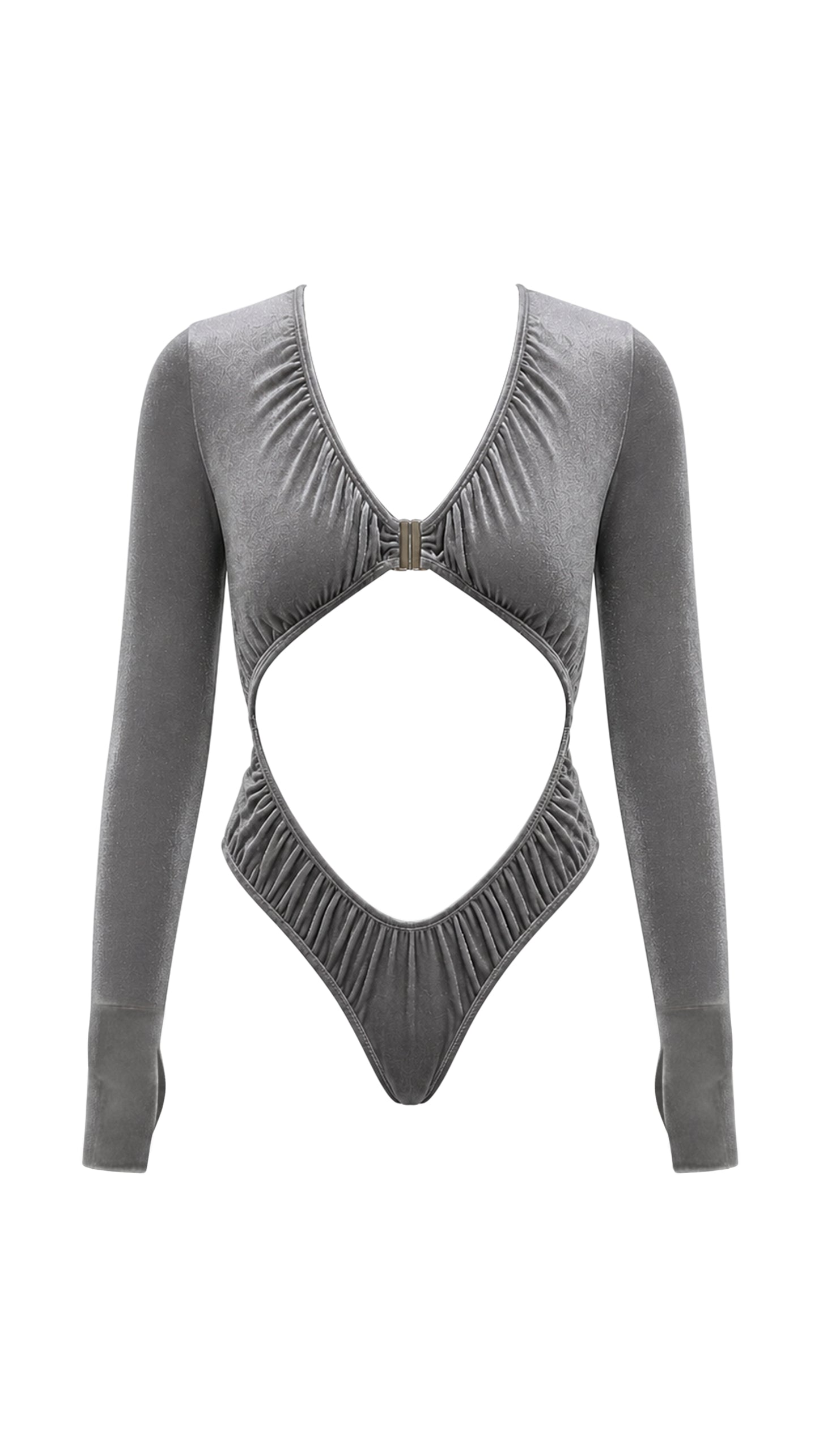 Estrella Swim Selena one-piece swimsuit in grey velvet on ghost mannequin, front view.