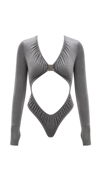 Estrella Swim Selena one-piece swimsuit in grey velvet on ghost mannequin, front view.
