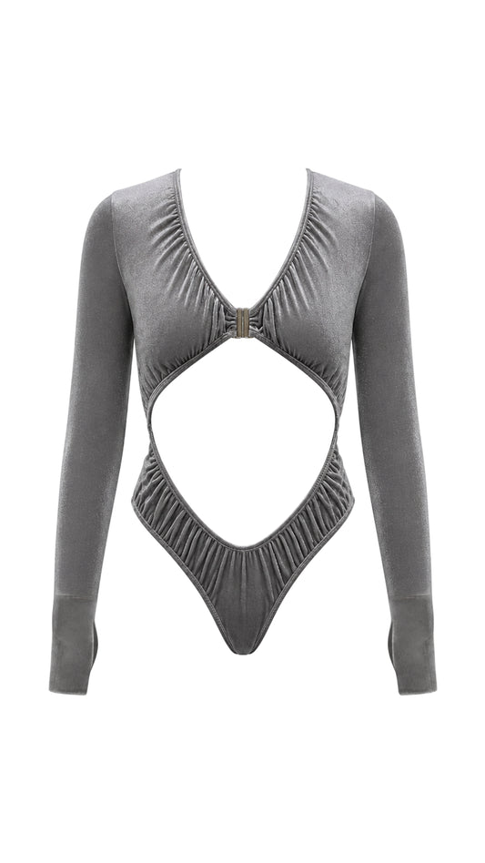 Estrella Swim Selena one-piece swimsuit in grey velvet on ghost mannequin, front view.
