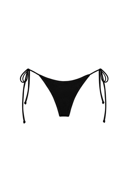 Estrella Swim Ursula cheeky bikini bottom in black satin on ghost mannequin.