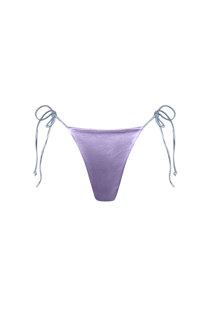 Estrella Swim Ursula reversible cheeky bikini bottom in purple and baby blue satin on ghost mannequin.