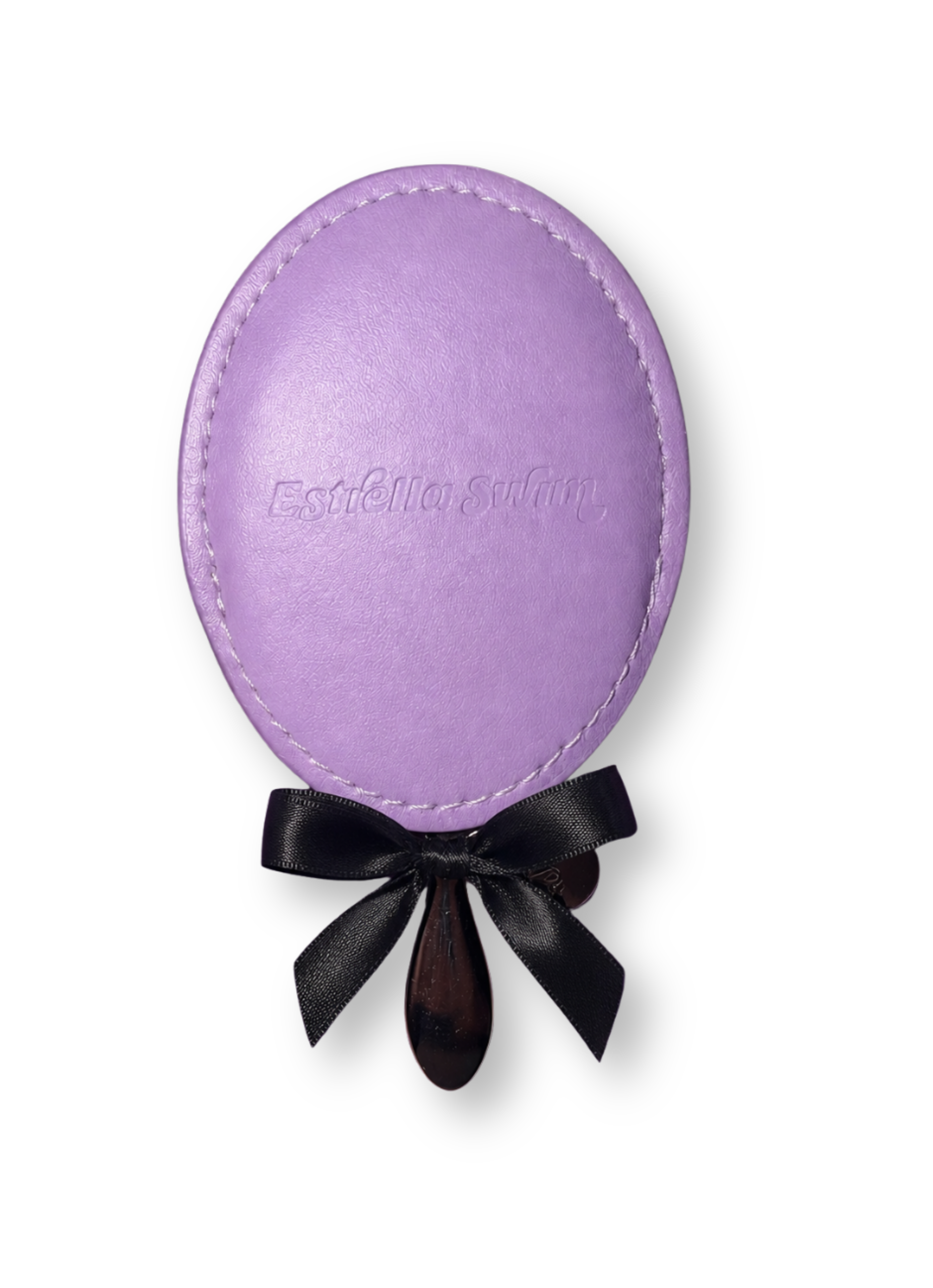 Estrella Swim compact travel mirror with purple vegan leather sleeve.