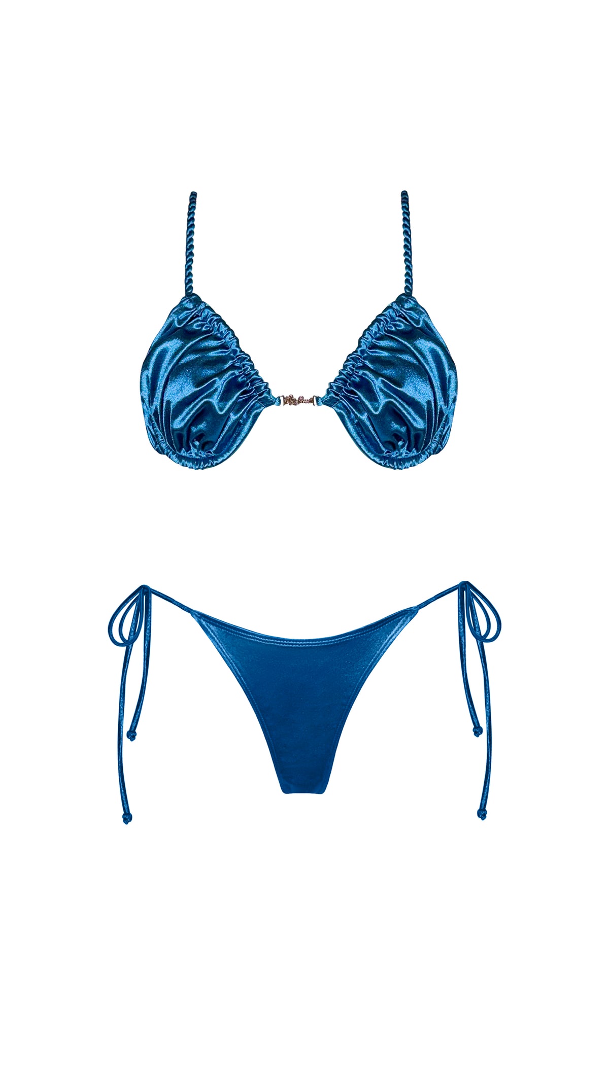 Estrella Swim Ursula bikini set in dark turquoise satin on ghost mannequin, front view.