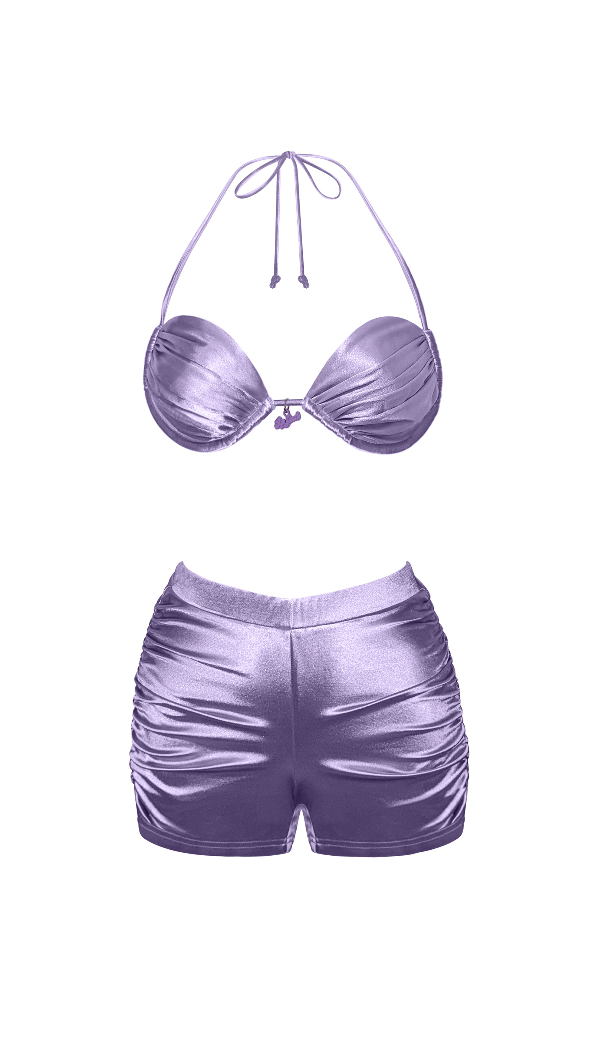 Estrella Swim Amira high-waisted bikini set in purple satin on ghost mannequin.